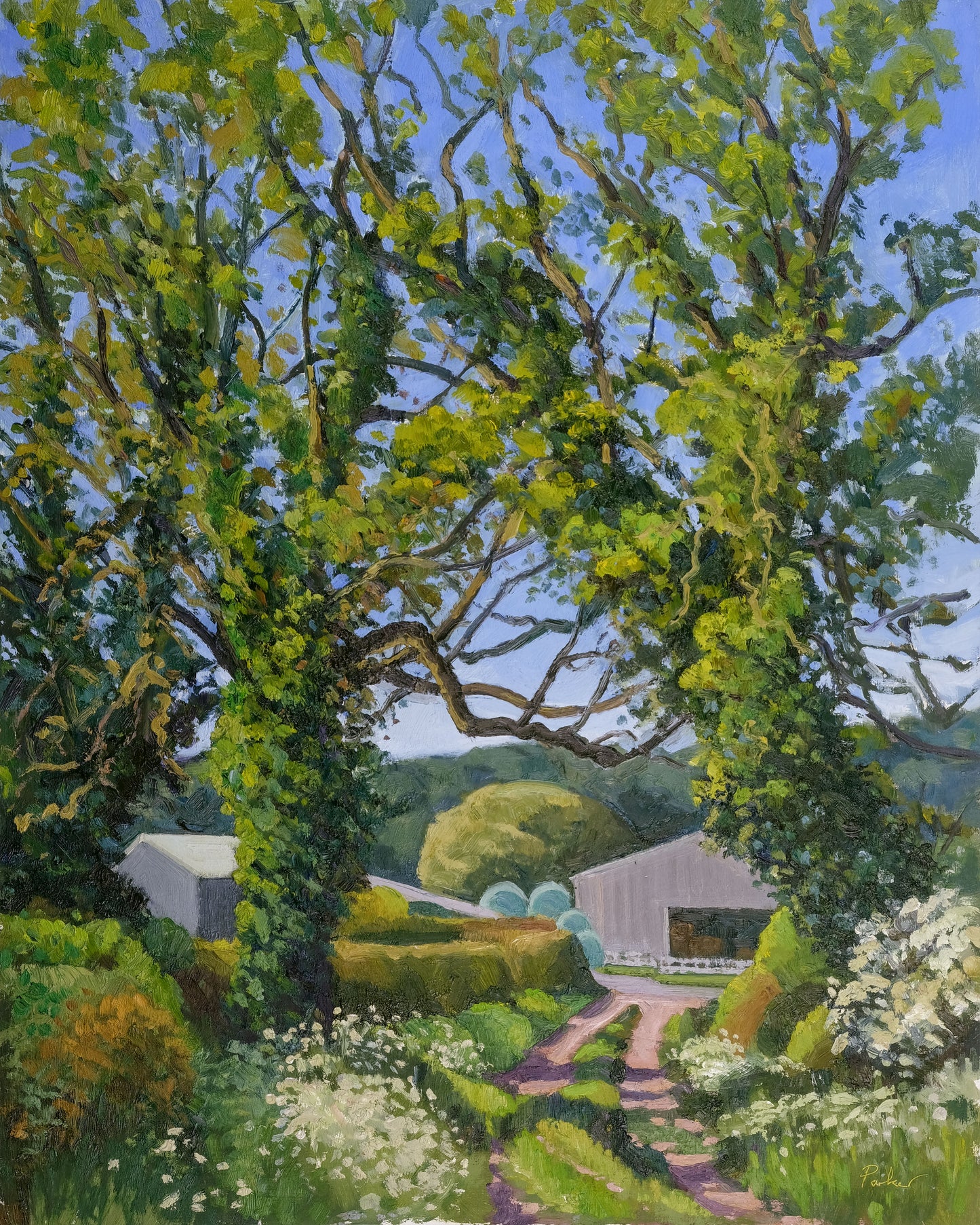 Two trees and barns, Kilburn