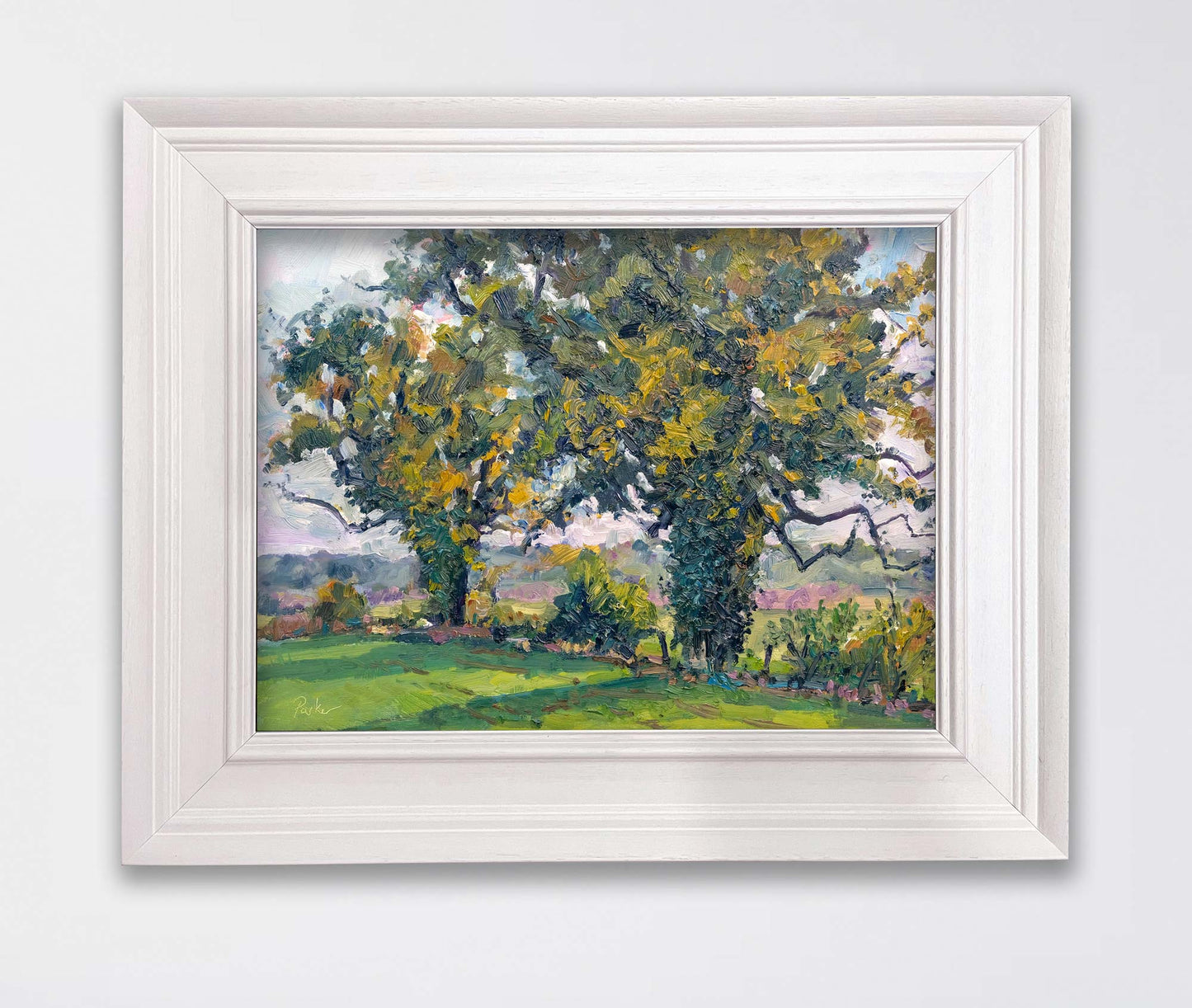 Autumn Oak trees, Coxwold, oil painting in framed view by landscape artist Jeff Parker