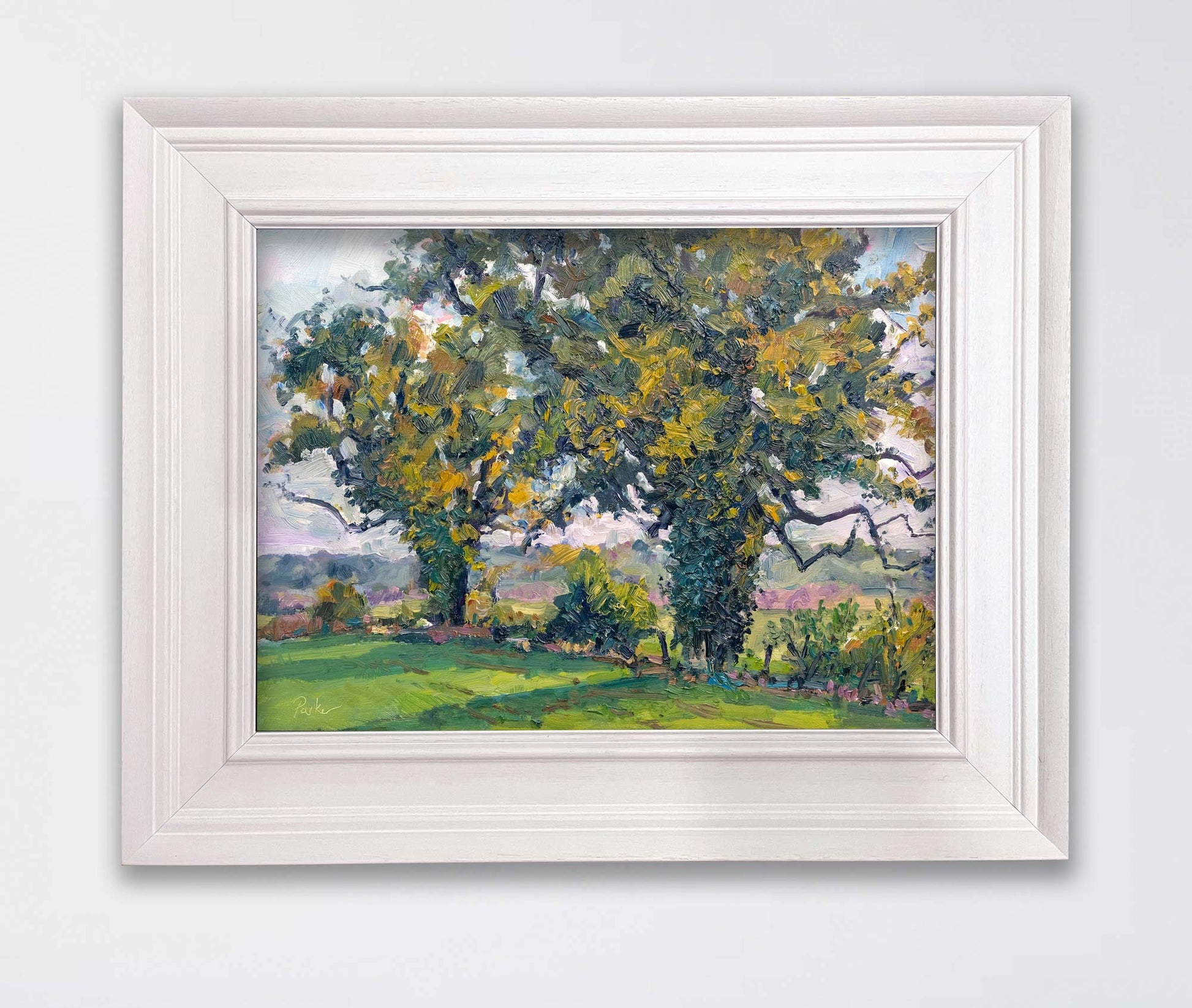Autumn Oak trees, Coxwold, oil painting in framed view by landscape artist Jeff Parker