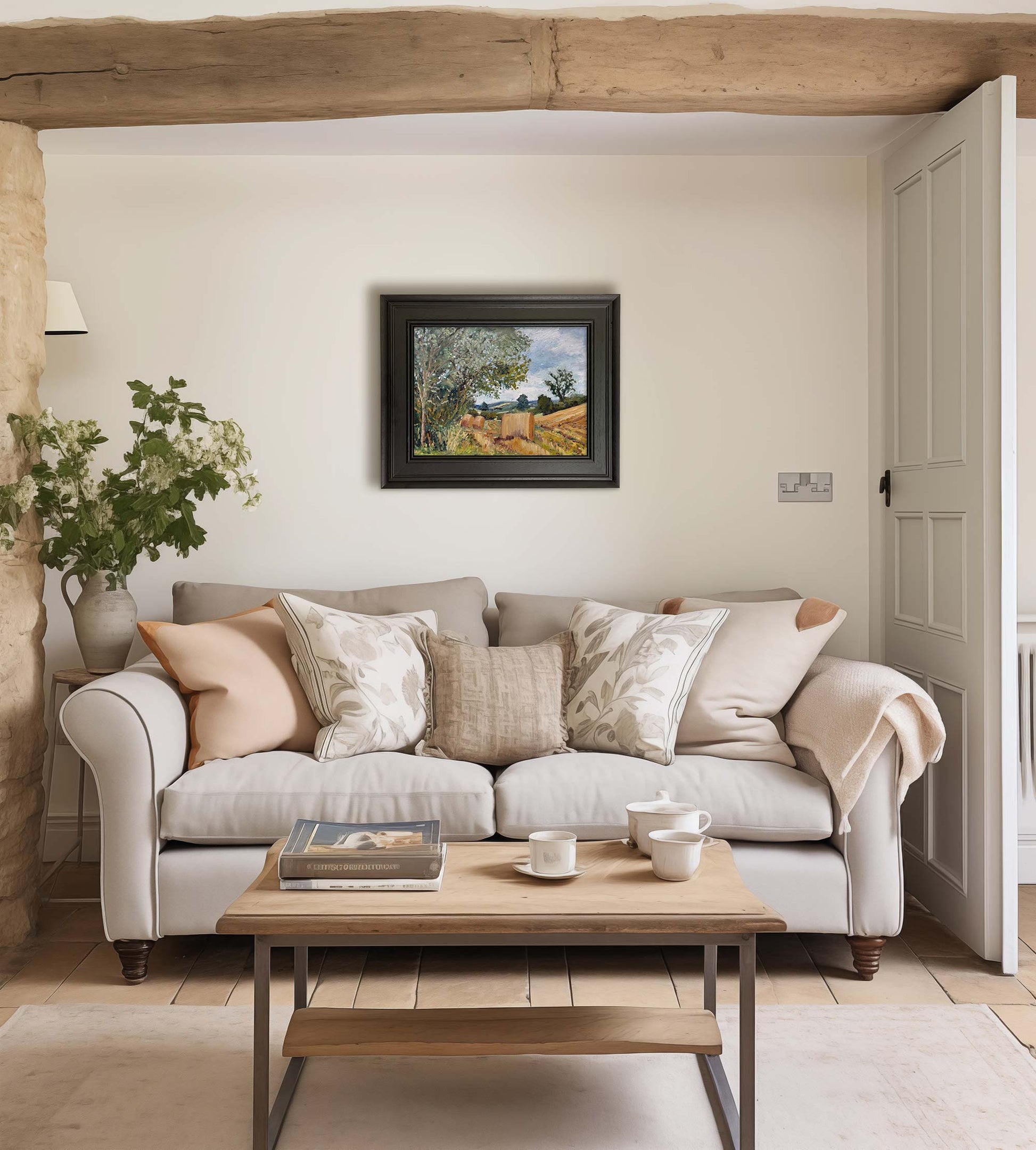 Framed contectual view of straw bales, Coxwold North Yorkshire in country home interior by Jeff Parker