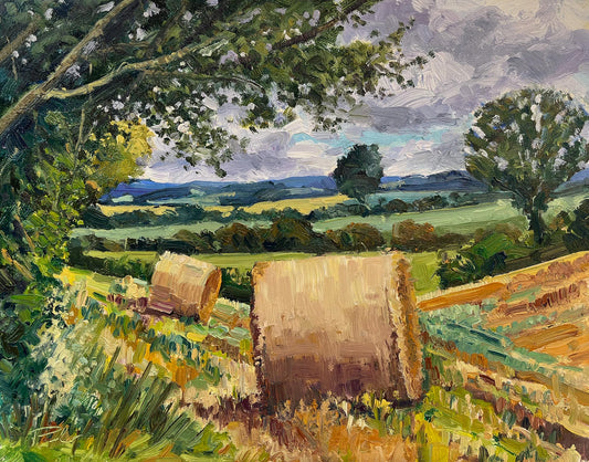 Two straw bales, Coxwold North Yorkshire, oriignal expressive oil painting by Jeff Parker